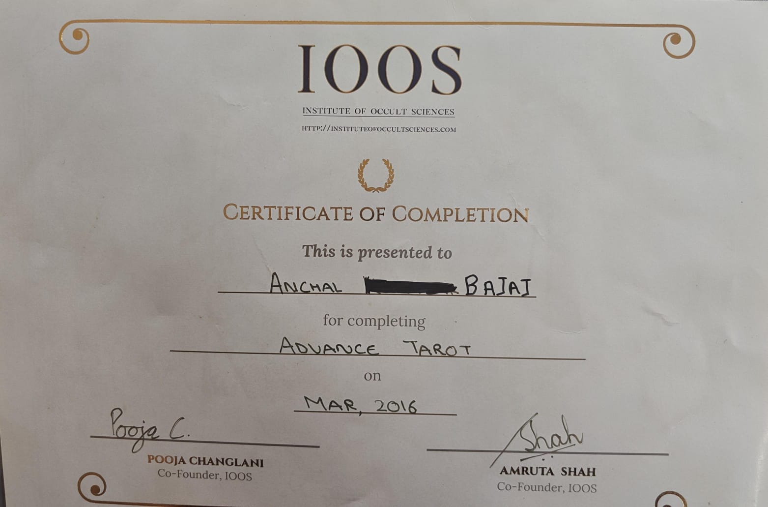 IOOS Certificate of Completion for Advanced Tarot