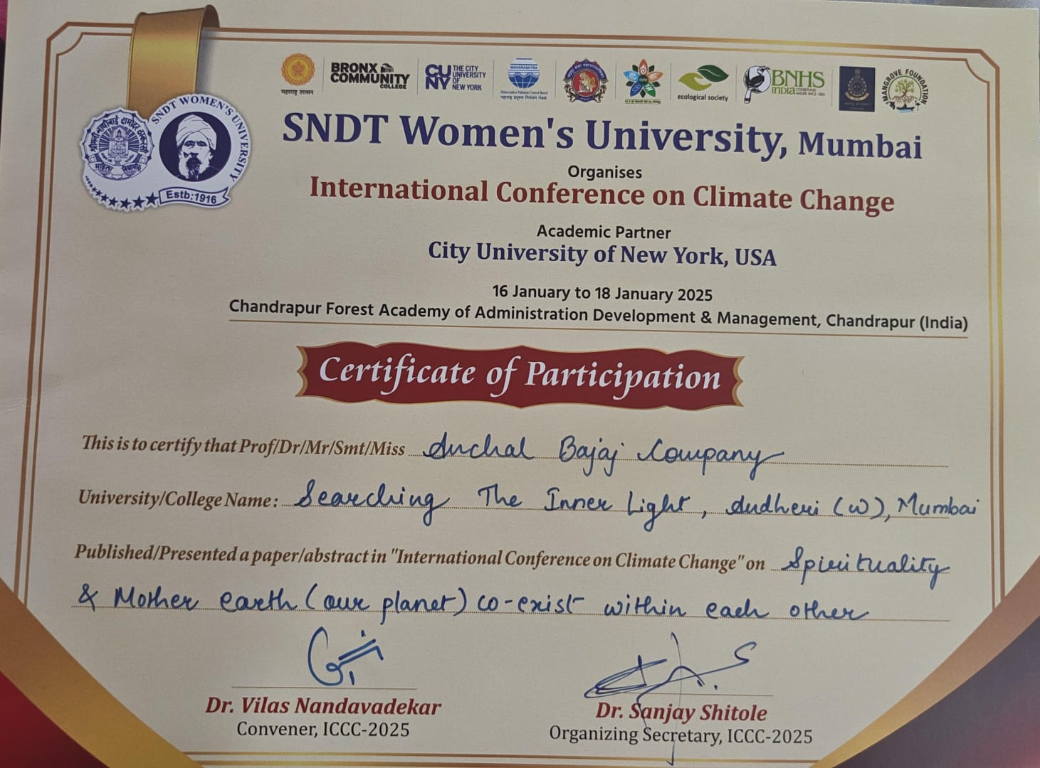 SNDT Women's University Certificate of Participation