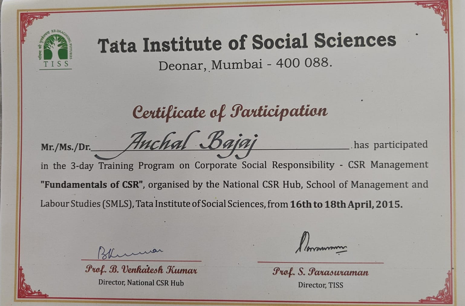 Tata Institute of Social Sciences Certificate of Participation